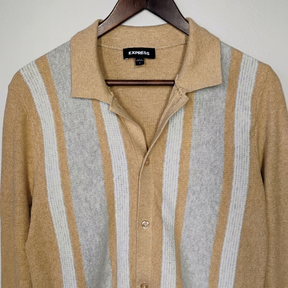 Express Stripe Button Down Sweater Polo Men Small Beige Neutral Cardigan Preppy - Picture 4 of 10